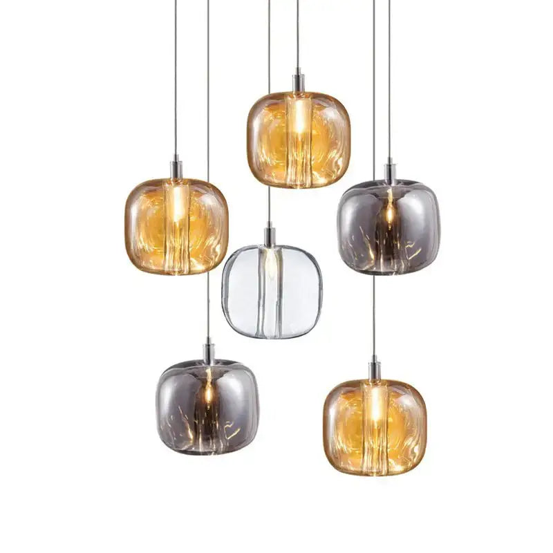 Set of six DecorBites LED stair modern pendant lights with amber and smoked gray frosted glass shades