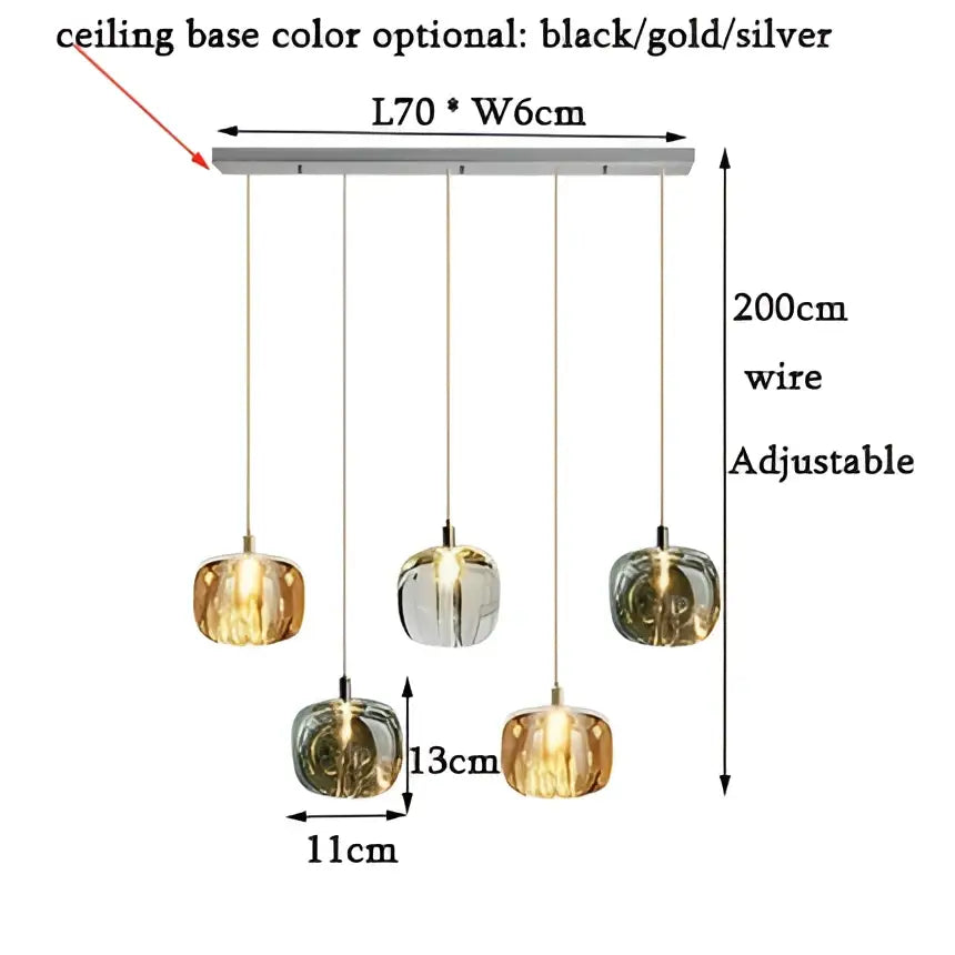Modern five-light decorbites led stair chandelier with amber and clear frosted glass globes on metallic base for indoor use