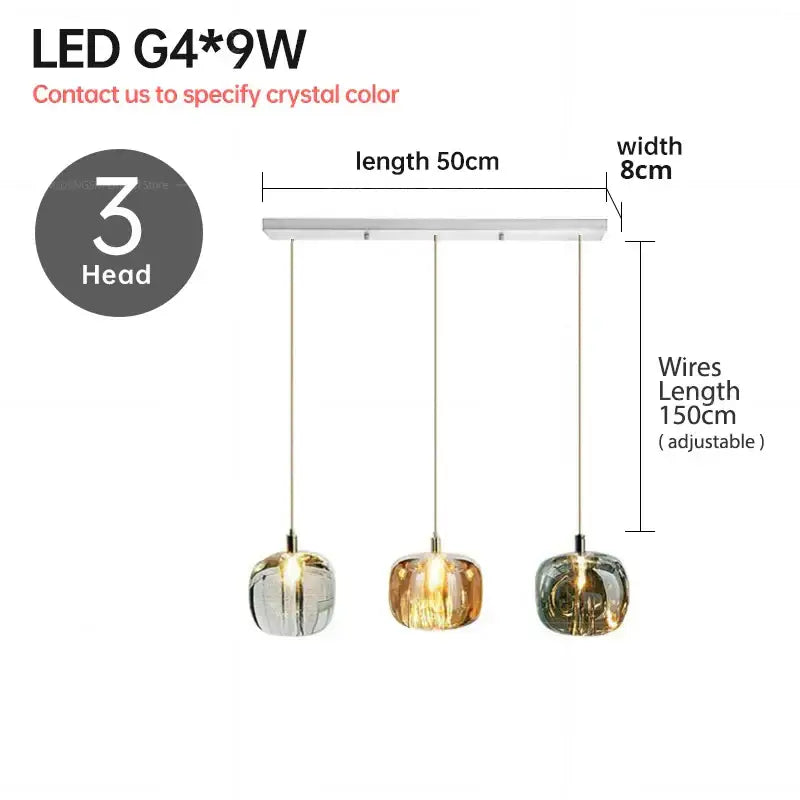 Modern three-head decorbites led stair chandelier with clear and amber crystal globe shades on silver metal bar