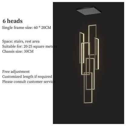 Modern geometric decorbites led stair chandelier with six illuminated rectangular lights and sleek metallic frames