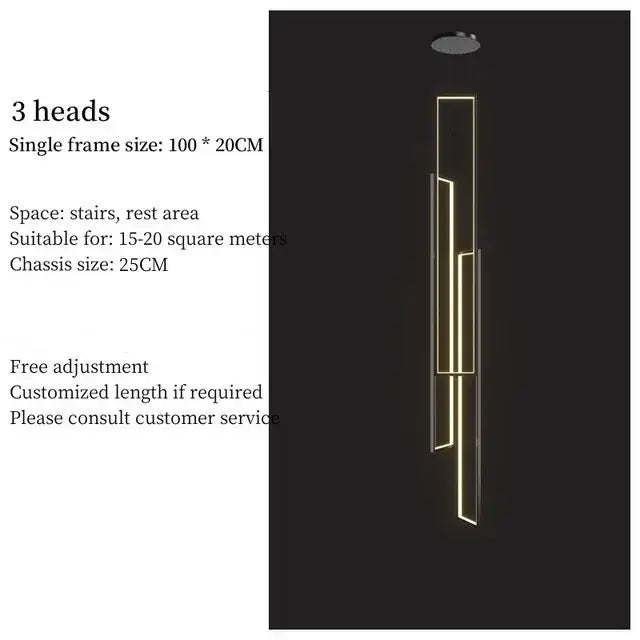 Modern gold-toned decorbites led stair chandelier with three vertical illuminated rectangular frames for luxury loft decor