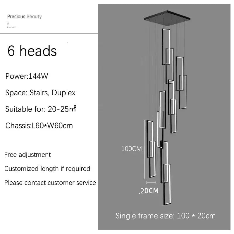 Modern minimalist decorbites led stair chandelier with six sleek rectangular led light heads in cascading vertical design
