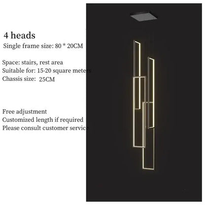 Modern geometric decorbites led stair chandelier with four warm gold rectangular frames for luxury loft lighting