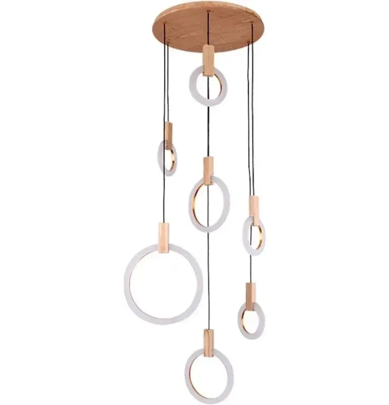 Modern decorbites led stair chandelier with circular wooden mount and five translucent white rings for bedroom lighting