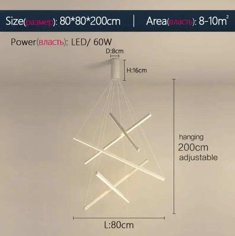 Modern white DecorBites led stair chandelier with intersecting geometric bars and adjustable hanging length for indoor decor