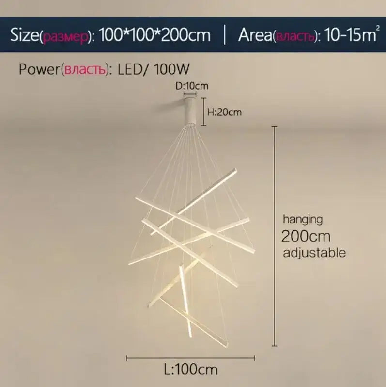 Modern white led stair chandelier with intersecting geometric rods and adjustable height by decorbites led stair