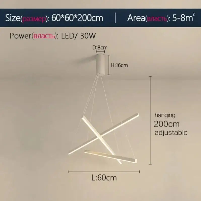 Modern white decorbites led stair chandelier with intersecting bar design and adjustable hanging length for indoor lighting