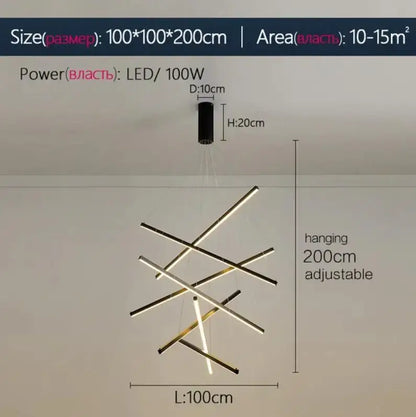 Modern geometric DecorBites LED stair chandelier with intersecting black and gold rods for villa hall and hotel decor