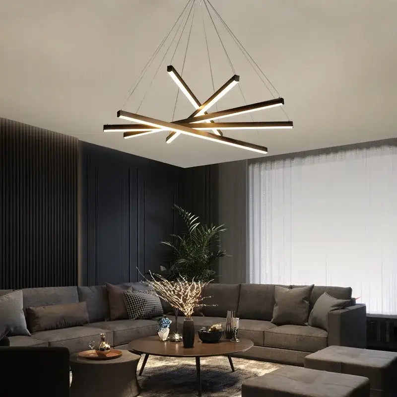 Modern black and gold geometric decorbites led stair chandelier with intersecting light bars for villa hall and hotel decor
