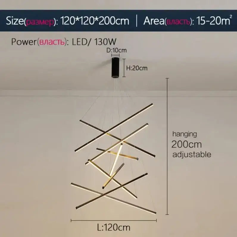 Modern geometric decorbites led stair chandelier with intersecting black and gold metallic rods for indoor lighting