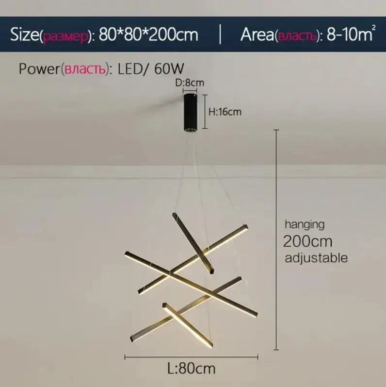 Modern geometric decorbites led stair chandelier with intersecting gold toned led rods and black cylindrical mount