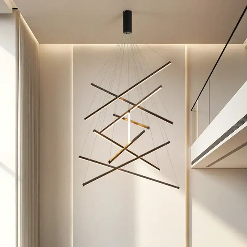 Modern geometric black and gold decorbites led stair chandelier with intersecting rods for villa hall and hotel decor