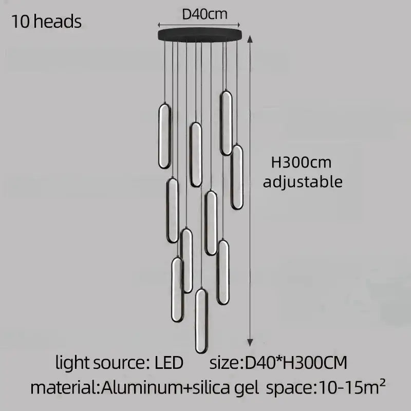 Modern minimalist decorbites led staircase branch chandelier with ten cylindrical led heads on circular aluminum base
