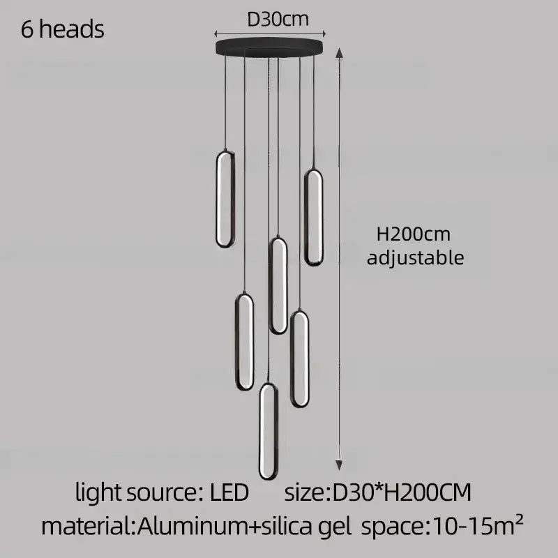 Modern black decorbites led staircase branch chandelier with six cylindrical led heads on adjustable aluminum base