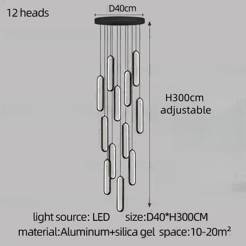 Modern minimalist decorbites led staircase branch chandelier with 12 cylindrical led lights and aluminum base for living rooms
