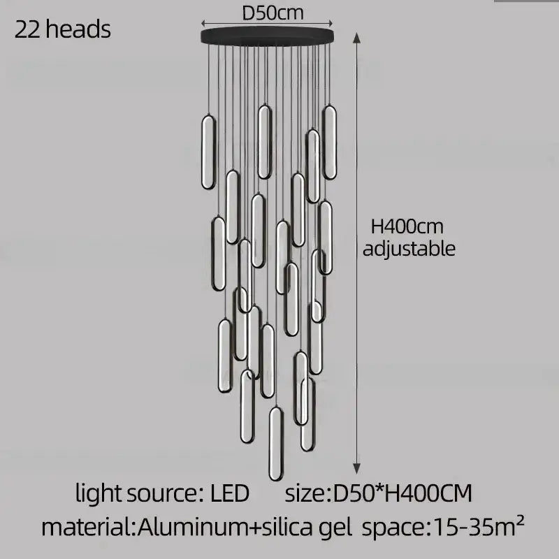 Modern black and silver aluminum decorbites led staircase branch chandelier with 22 led light heads for living rooms