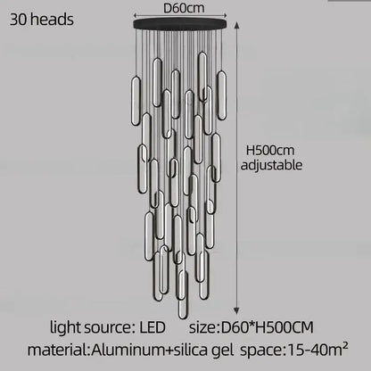 Decorbites led staircase branch chandelier with 30 black cylindrical led lights for modern living and dining rooms