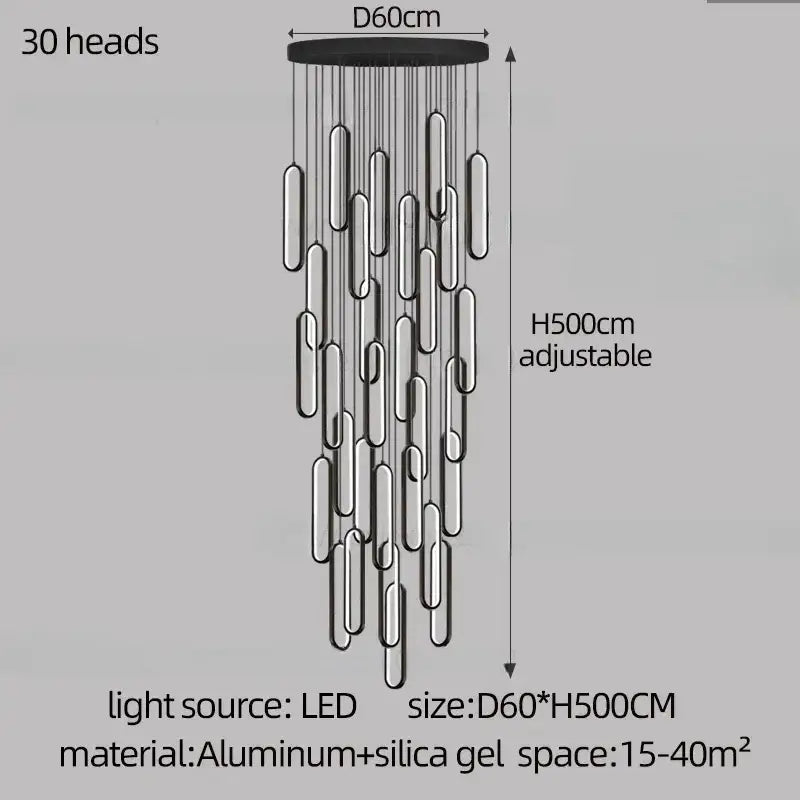 Decorbites led staircase branch chandelier with 30 black cylindrical led lights for modern living and dining rooms