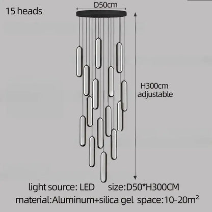 Modern minimalist decorbites led staircase branch chandelier with 15 black cylindrical led light heads for living rooms