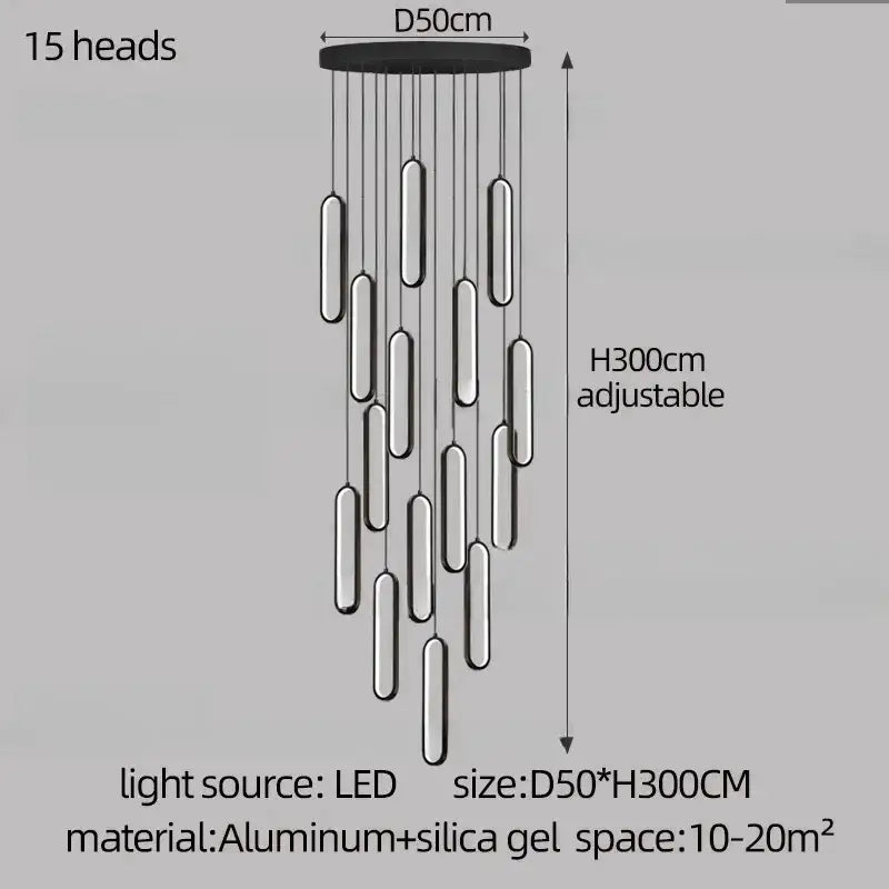 Modern minimalist decorbites led staircase branch chandelier with 15 black cylindrical led light heads for living rooms