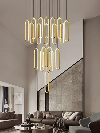Golden oval-shaped led staircase branch chandelier by decorbites with modern minimalist design for living and dining rooms