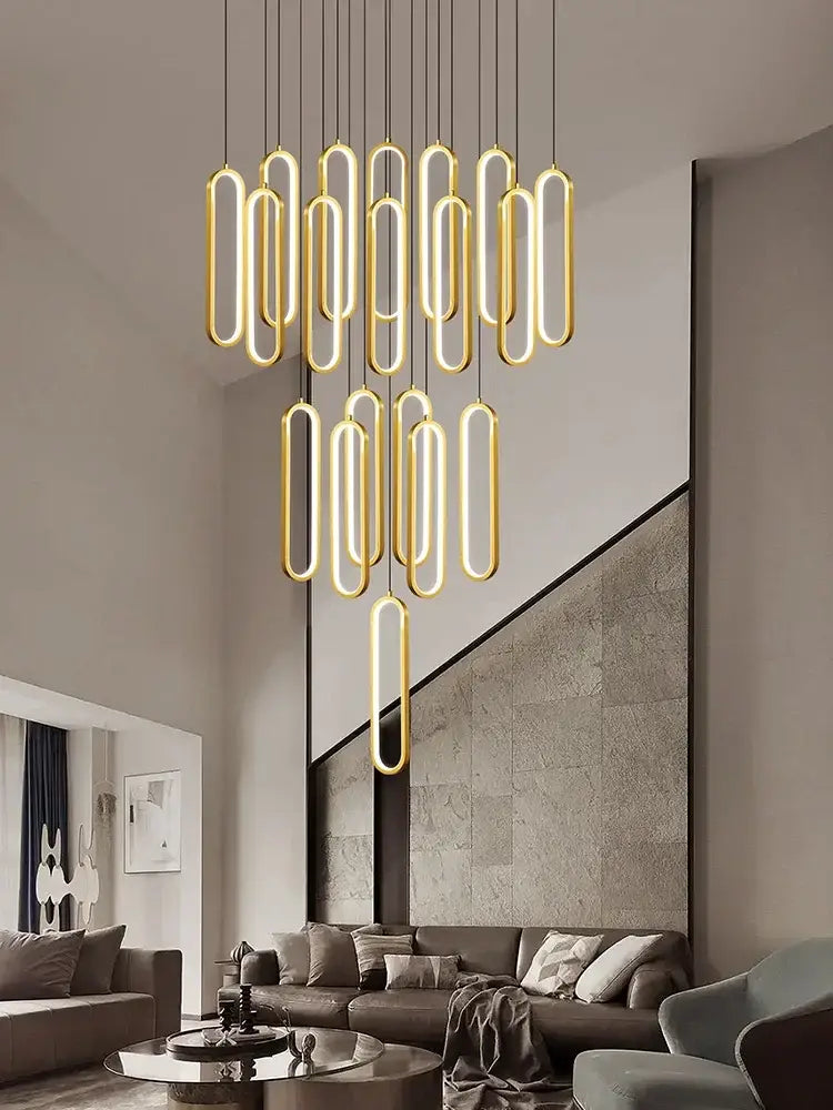Golden oval-shaped led staircase branch chandelier by decorbites with modern minimalist design for living and dining rooms