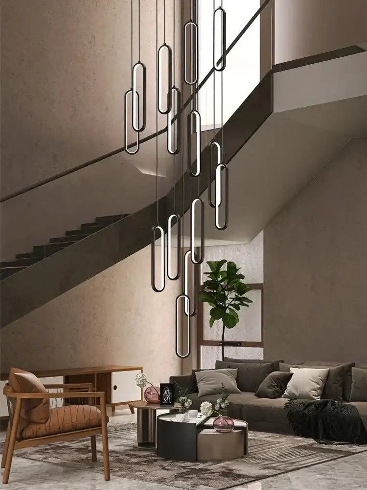 Modern minimalist decorbites led staircase branch chandelier with elongated oval LED pendants for living and dining rooms