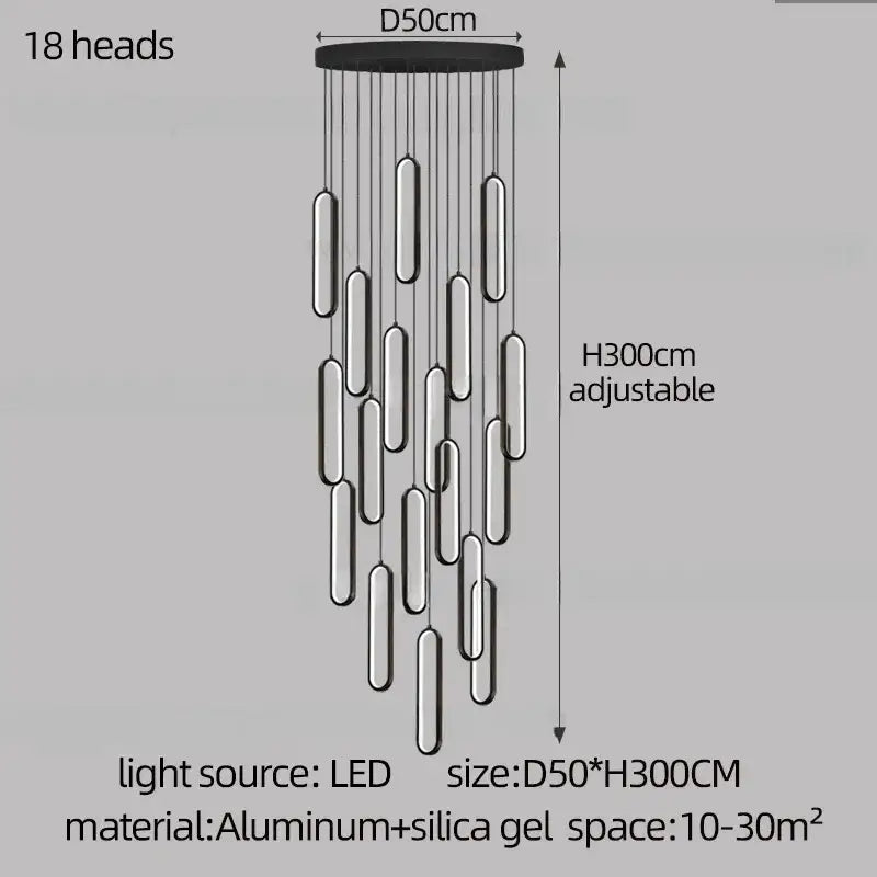 Modern minimalist decorbites led staircase branch chandelier with 18 aluminum light heads and black ceiling mount
