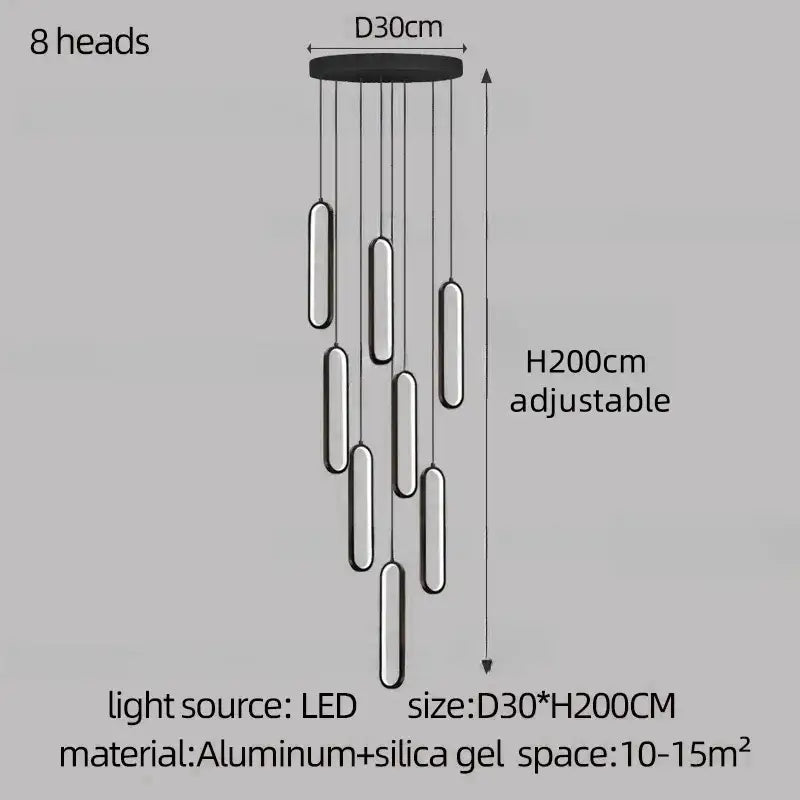 Decorbites led staircase branch chandelier with eight cylindrical led lights and aluminum base for modern living rooms