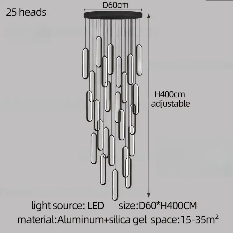Modern black and silver aluminum DecorBites led staircase branch chandelier with 25 LED light heads for living rooms