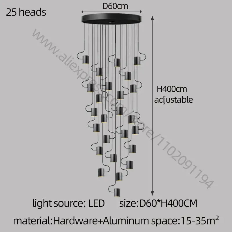 Black modern decorbites led staircase chandelier with 25 LED heads suspended from a circular aluminum base for villa lighting