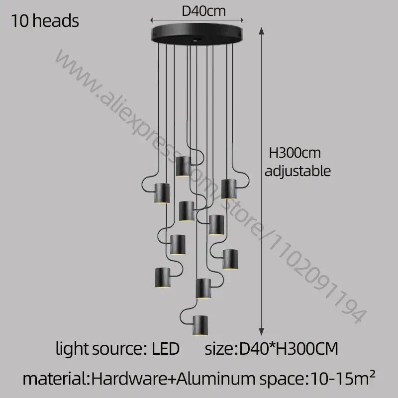 Black cylindrical decorbites led staircase chandelier with ten led heads suspended from circular aluminum base for villa lighting