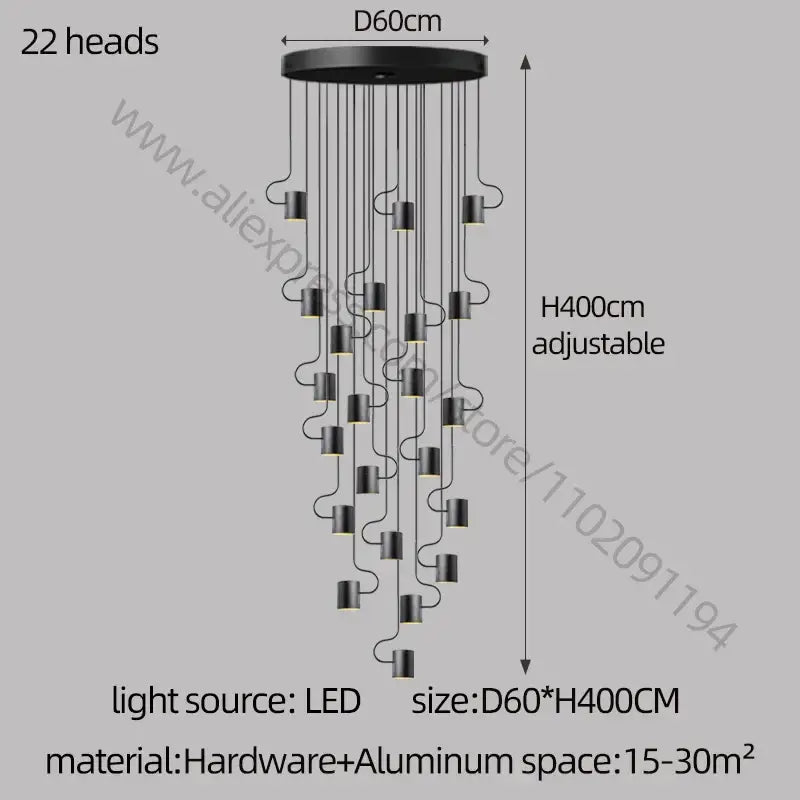 Black modern decorbites led staircase chandelier with 22 led heads and circular aluminum base for villa decoration
