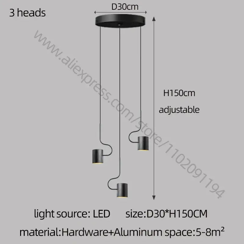 Black modern decorbites led staircase chandelier with three curved led heads suspended from circular aluminum base