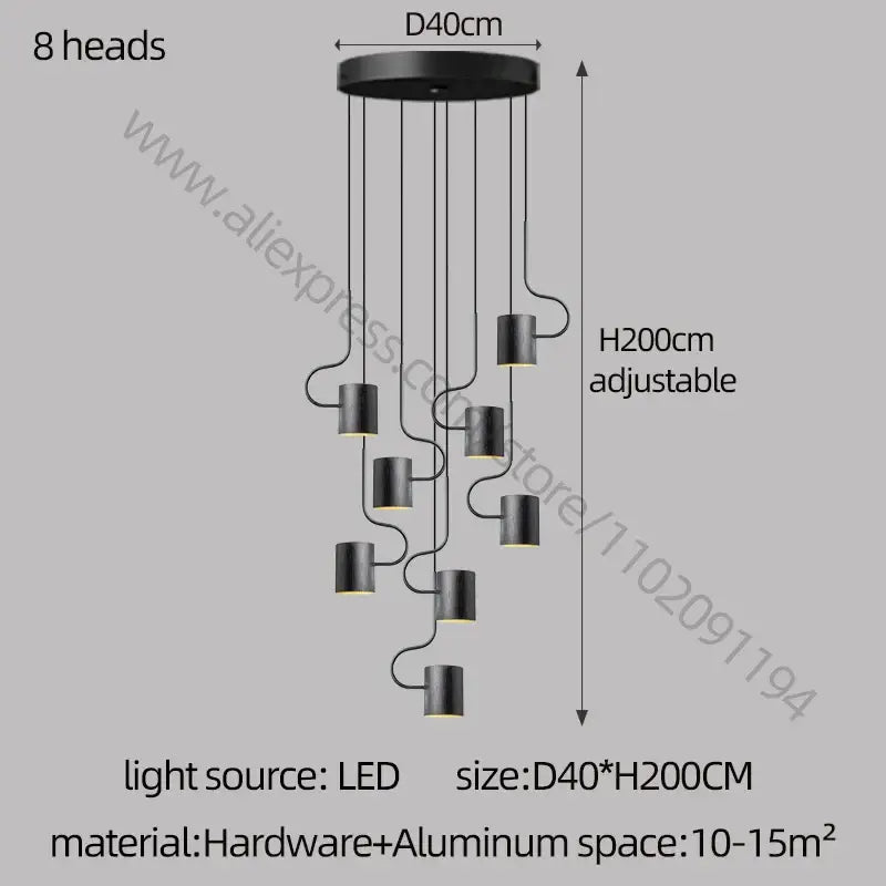Black modern metal decorbites led staircase chandelier with eight cylindrical led heads for villa living room lighting