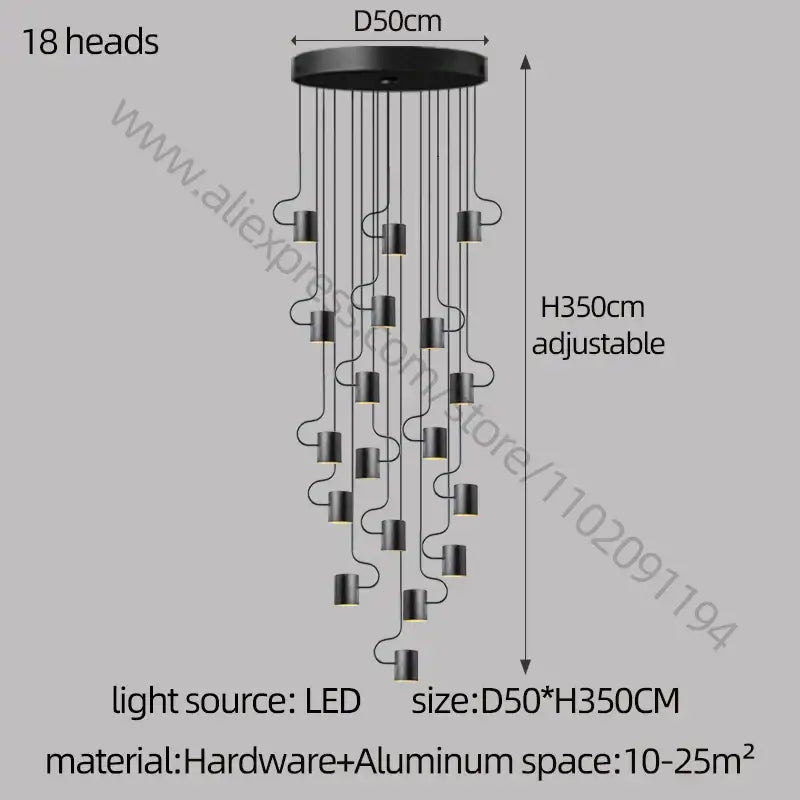 Black decorbites led staircase chandelier with 18 led heads suspended from circular aluminum base for villa lighting