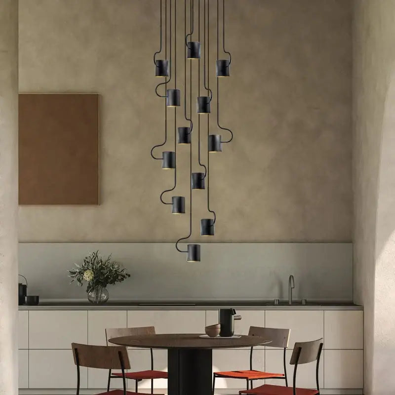 Black cylindrical decorbites led staircase chandelier with curved metal arms for modern villa living room lighting