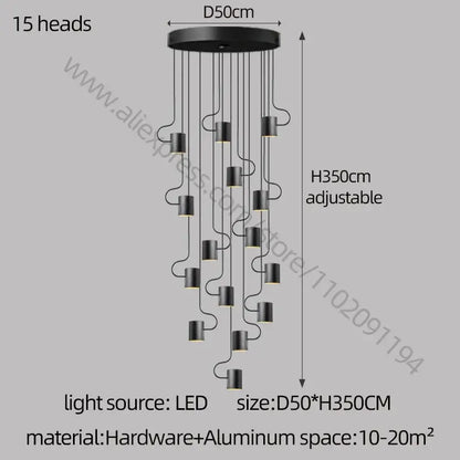 Black modern DecorBites LED staircase chandelier with 15 LED heads on circular aluminum base for villa lighting