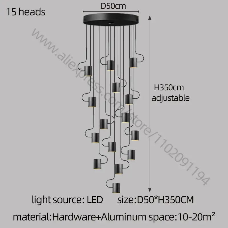 Black modern DecorBites LED staircase chandelier with 15 LED heads on circular aluminum base for villa lighting
