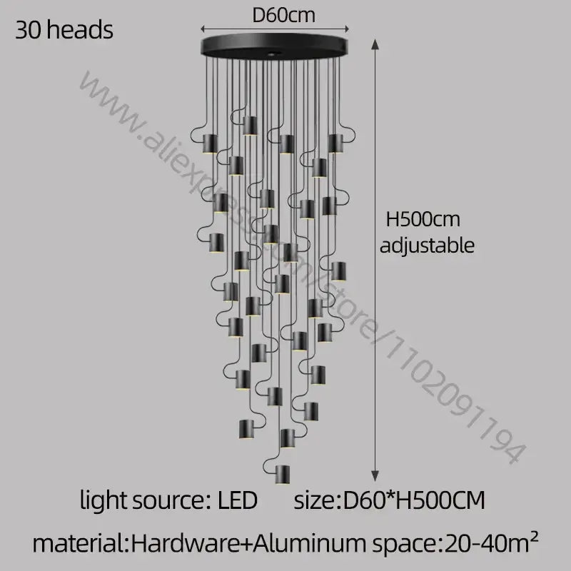 Black modern decorbites led staircase chandelier with 30 led lights suspended from circular aluminum base for villa lighting