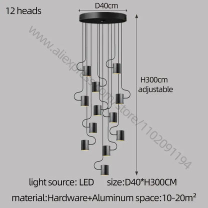 Black decorbites led staircase chandelier with 12 cylindrical led heads on circular aluminum base for modern villa lighting