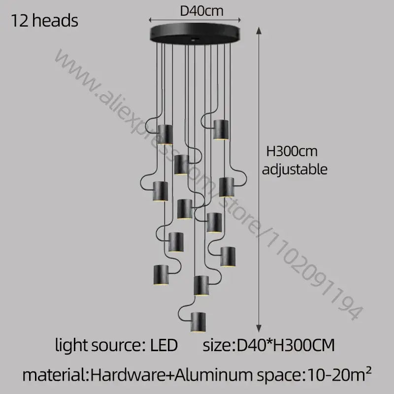 Black decorbites led staircase chandelier with 12 cylindrical led heads on circular aluminum base for modern villa lighting