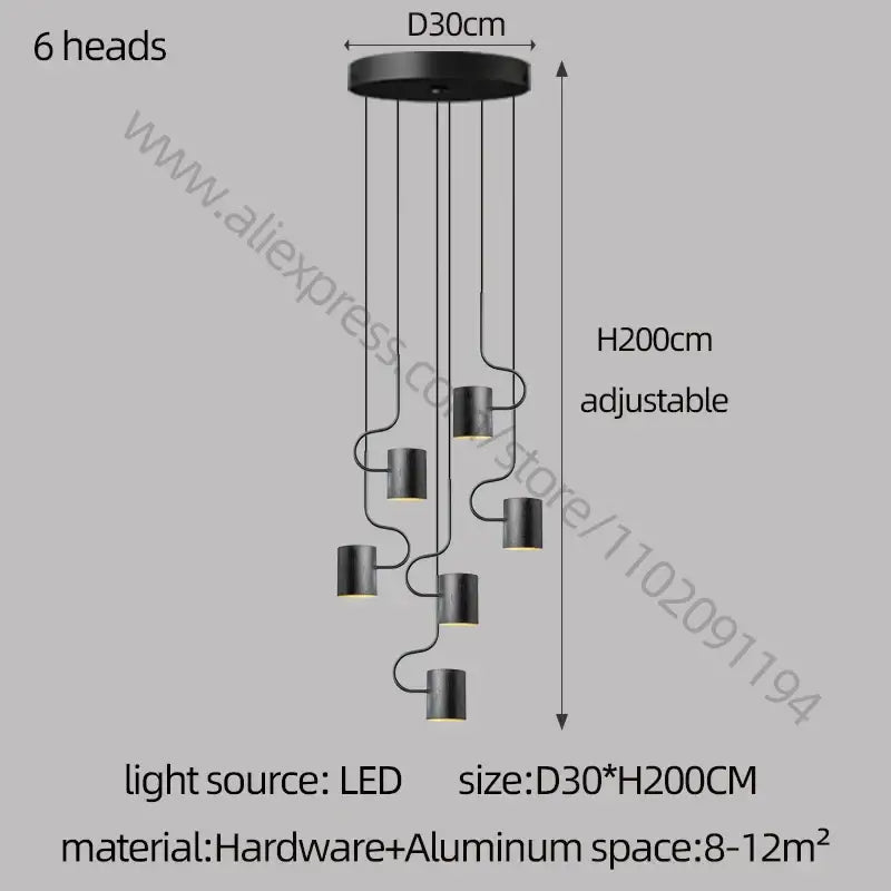 Black modern decorbites led staircase chandelier with six cylindrical led heads and aluminum base for villa lighting