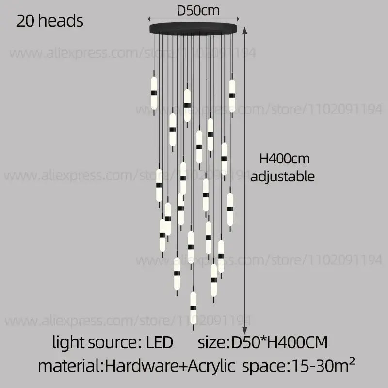 Black and white acrylic decorbites led staircase chandelier with 20 hanging lights for living room ceiling use