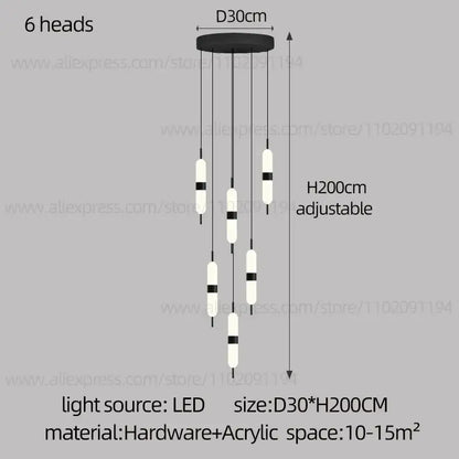 Black and white modern DecorBites led staircase chandelier with six cylindrical LED bulbs for ceiling lighting decoration