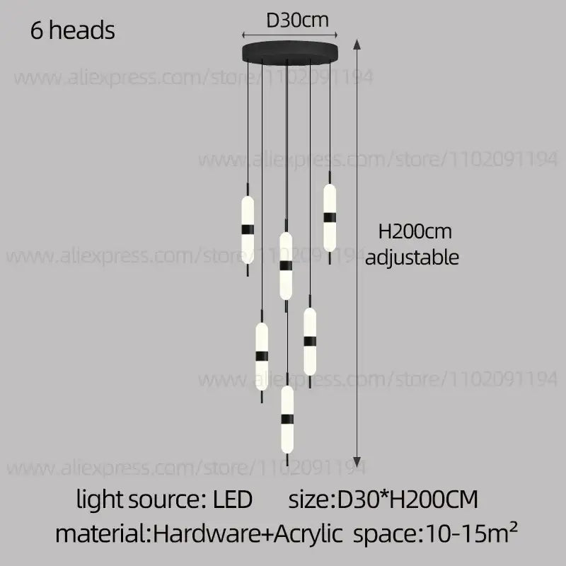 Black and white modern DecorBites led staircase chandelier with six cylindrical LED bulbs for ceiling lighting decoration