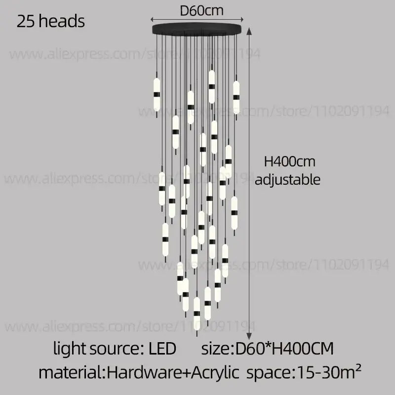 Black and white decorbites led staircase chandelier with 25 led light heads for staircase chandelier ceiling lighting