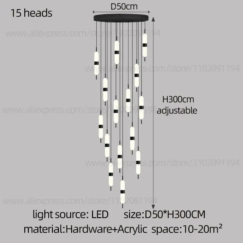 Decorbites led staircase chandelier black and white modern chandelier with 15 led light heads for ceiling lighting
