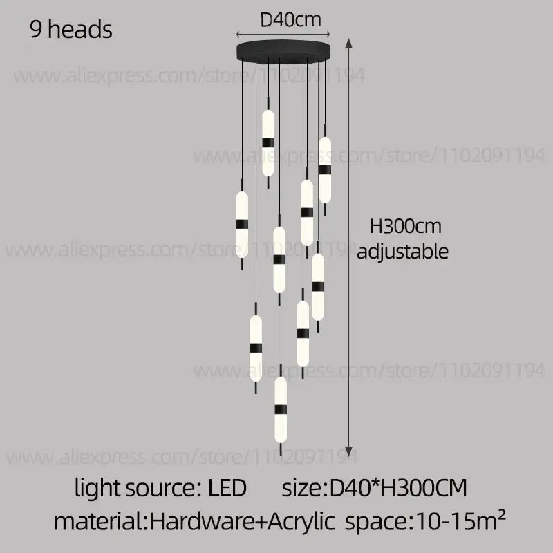 Black and white cylindrical decorbites led staircase chandelier with nine led light heads for ceiling lighting decoration