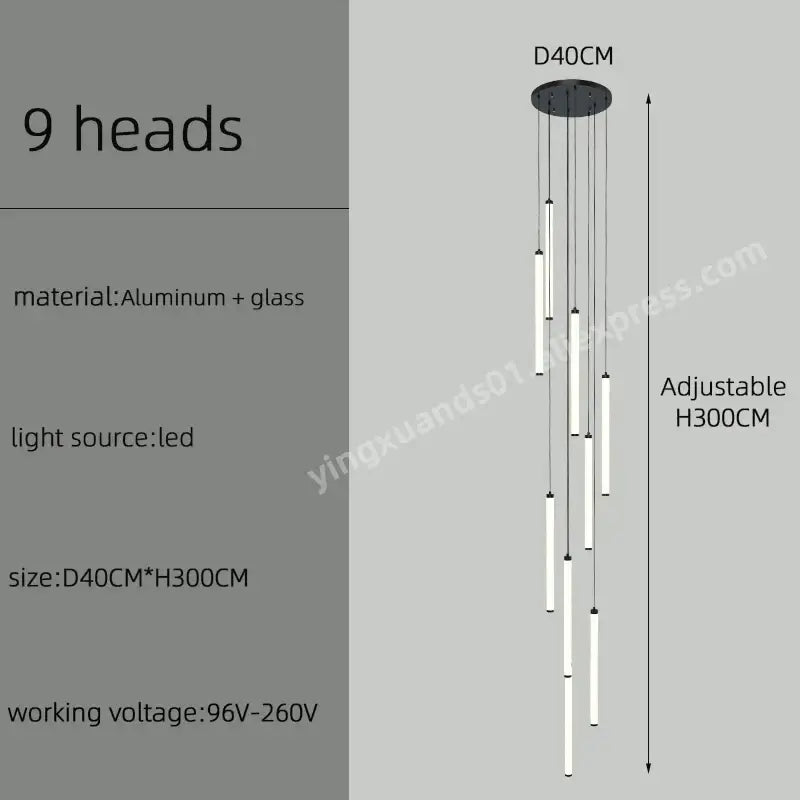 Modern minimalist DecorBites led staircase chandelier with nine white glass rods and black aluminum base for home lighting